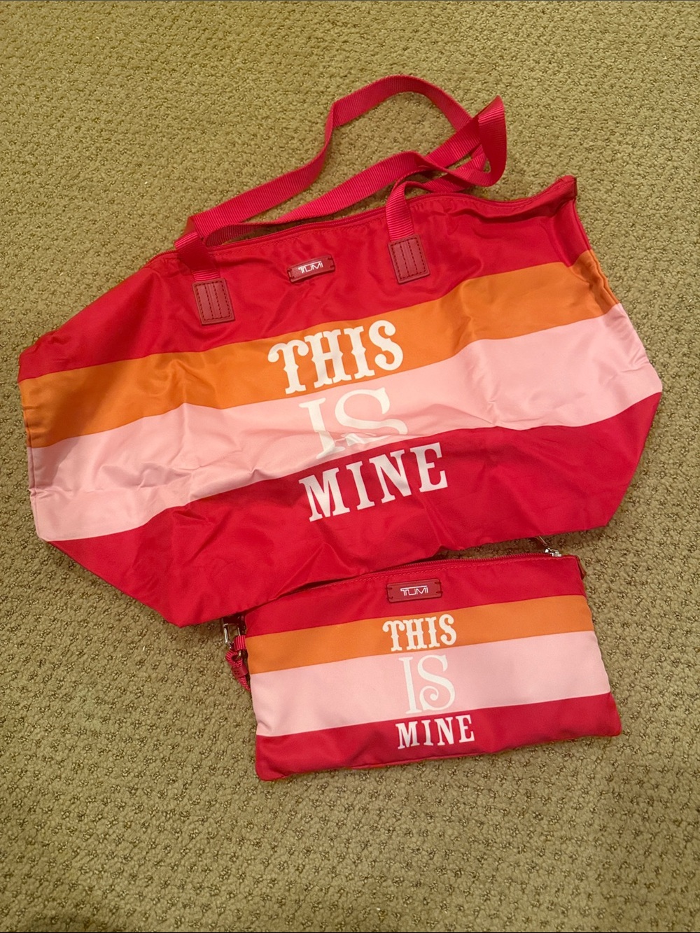 Tumi Pink and Orange Striped Tote with Matching Wristlet